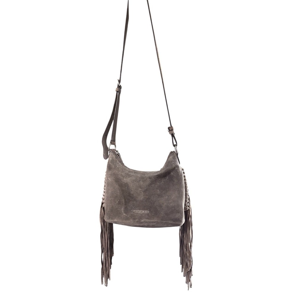 Michael Kors Medium Billy Fringe Cinder Suede Leather Crossbody Bag Taupe Purse